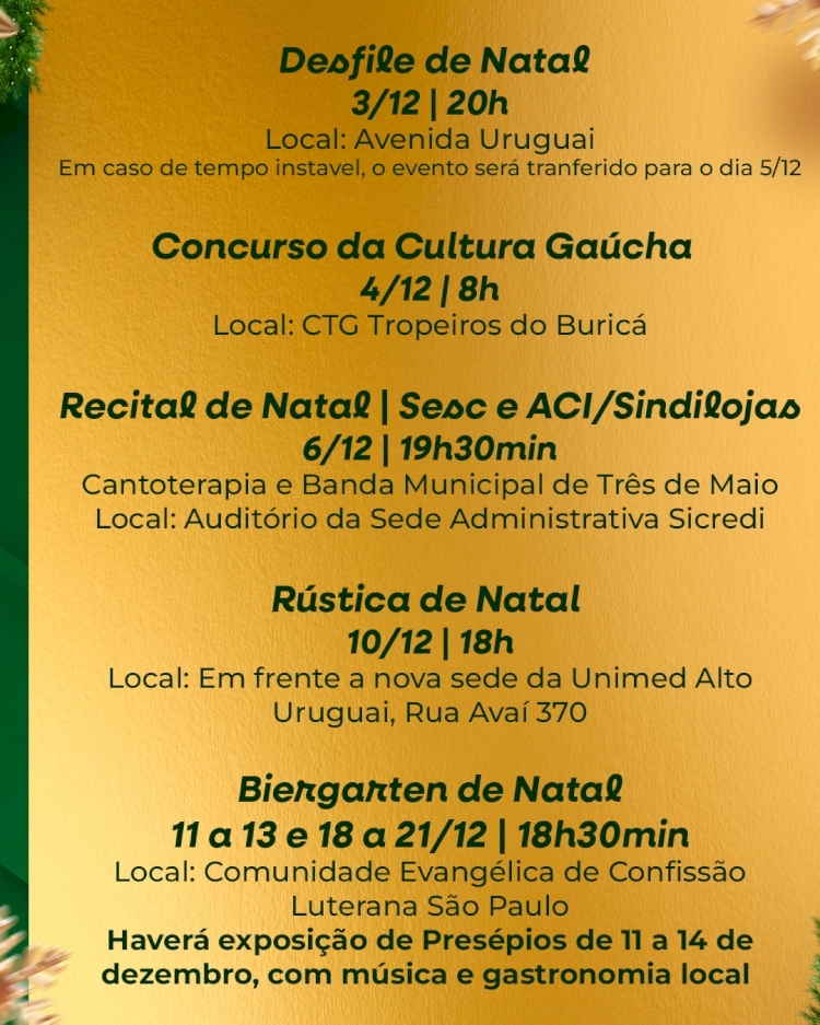 Programação do Natal Encantado 2025 de Três de Maio