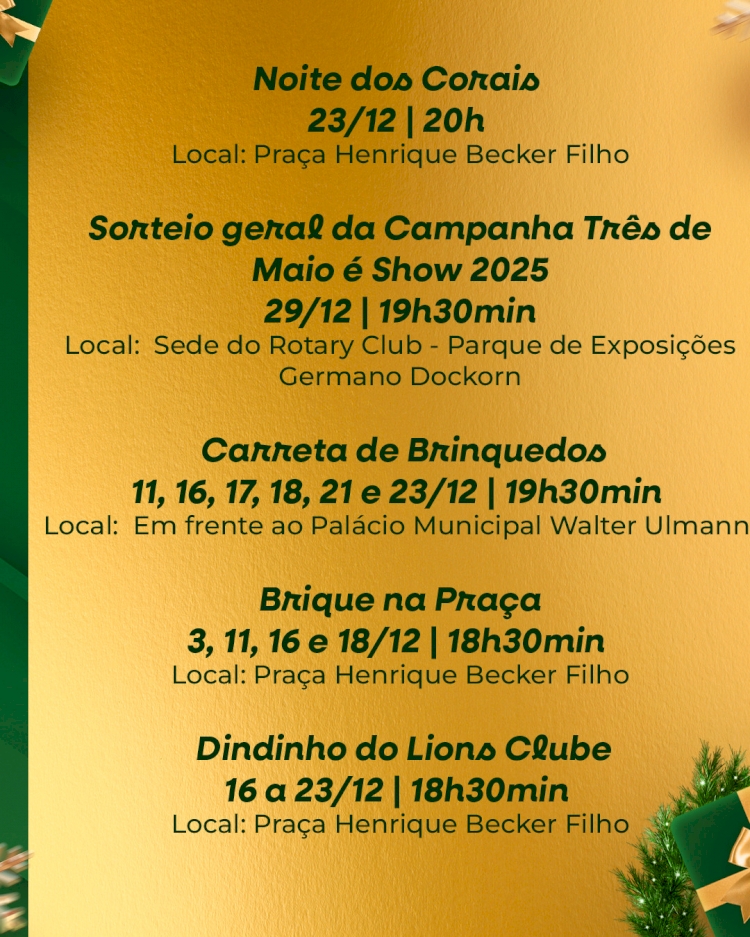 Programação do Natal Encantado 2025 de Três de Maio